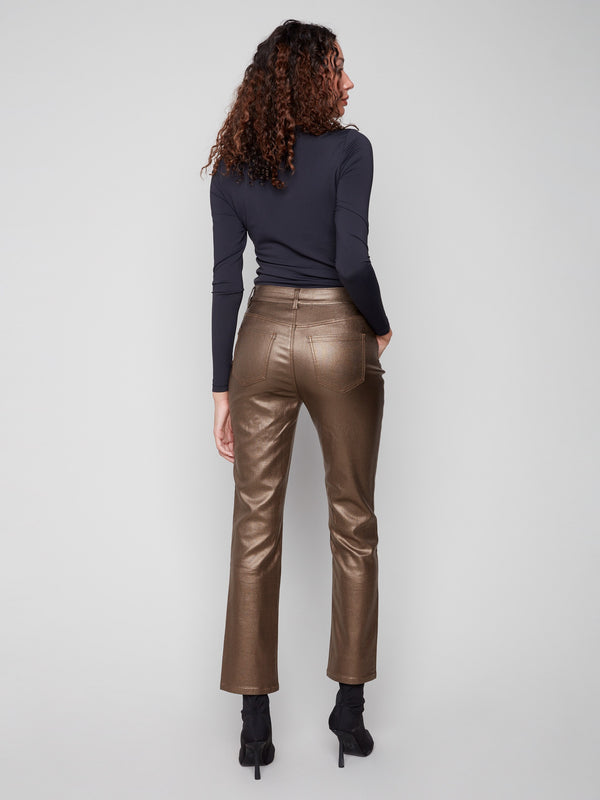 Regular rise copper metallic pants with a modern slim leg silhouette, designed to flatter various body types by Charlie B.