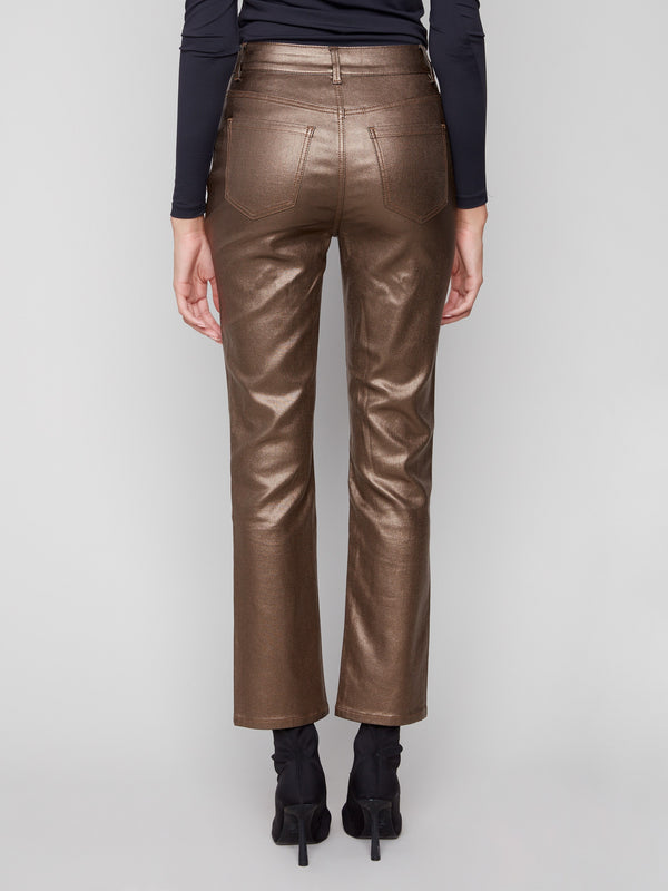 Ankle-length slim leg pants in a striking copper hue made of comfortable stretch twill fabric for stylish wear by Charlie B.
