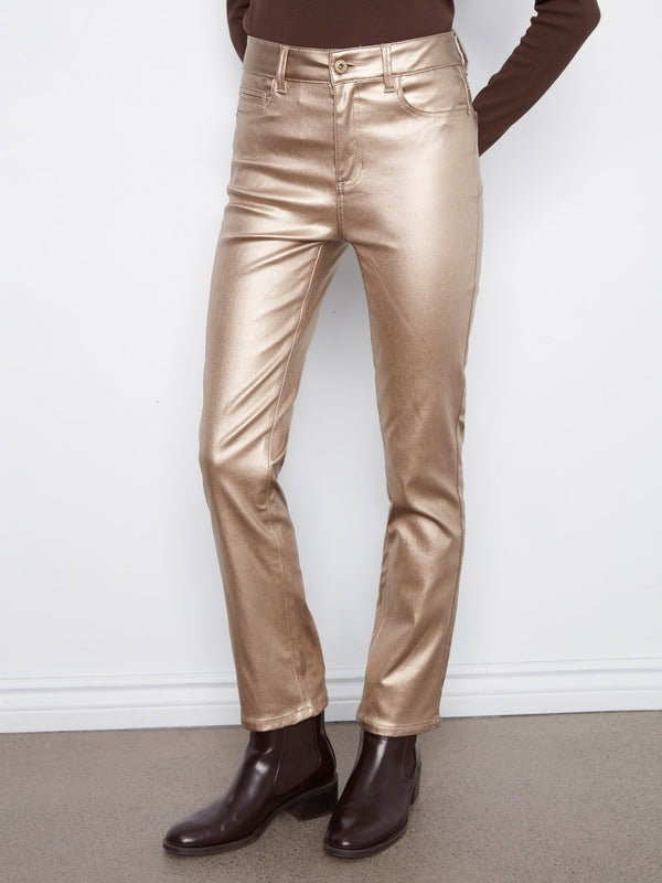 Slim Leg Metallic Wax Twill Pants - Brass