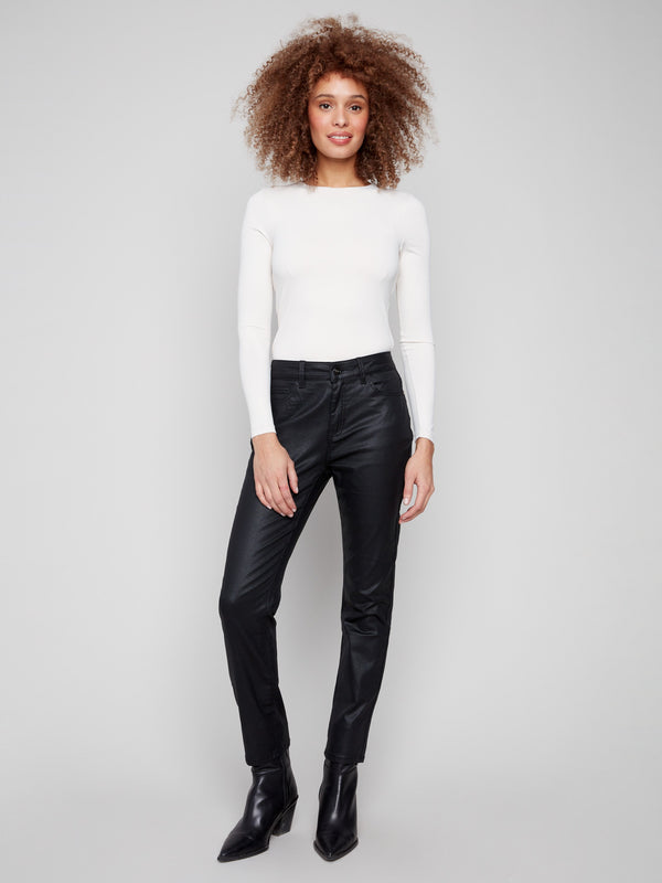 Black pants with a slim fit and ankle-length cut, featuring a chic metallic sheen by Charlie B.