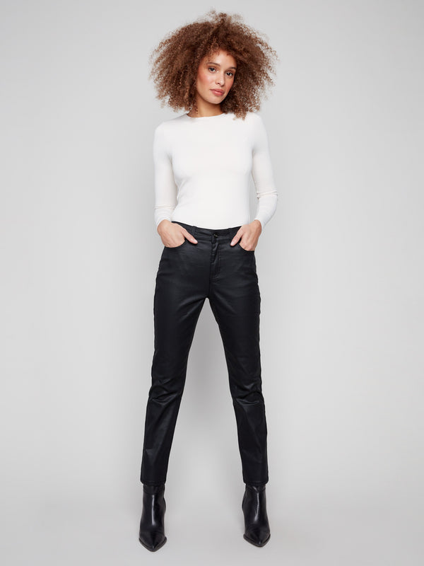 Stylish black pants crafted from stretch twill fabric, offering comfort and elegance by Charlie B.