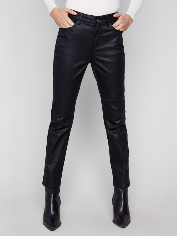 Elegant black pants with a regular rise and sleek design for versatile styling by Charlie B.