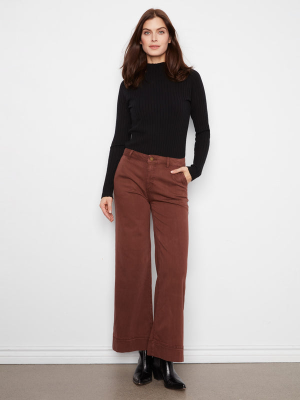 Smooth Twill Wide Leg Pants - Chocolate