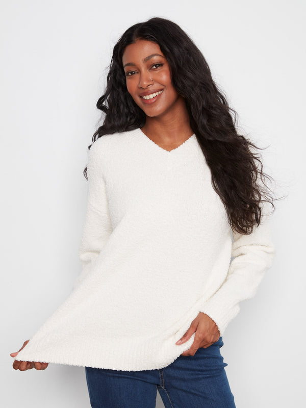 Soft Bouclé V-Neck Sweater - Ecru