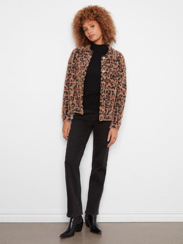 Leopard print jacket with a relaxed fit and button-front closure, crafted in soft fuzzy knit by Charlie B.