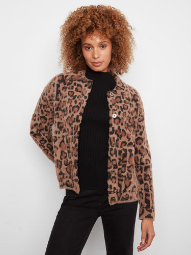 Leopard print jacket showcasing patch pockets and a shirt collar for a stylish look by Charlie B.