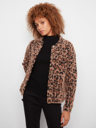 Stylish leopard print jacket highlighting its soft fuzzy knit texture, perfect for any occasion by Charlie B.