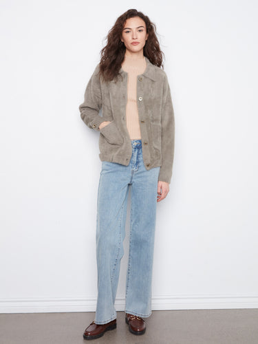 This soft fuzzy knit jacket offers warmth and style for any occasion, crafted with care by Charlie B.