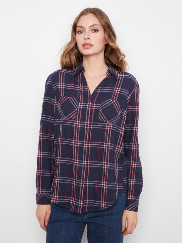 Soft Plaid Button-Front Blouse - Midnight