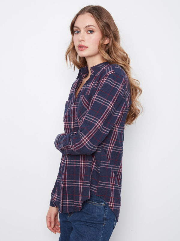 Soft Plaid Button-Front Blouse - Midnight