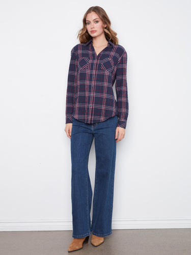 Long-sleeve button-front shirt in midnight plaid with comfortable chest pockets for added style by Charlie B.
