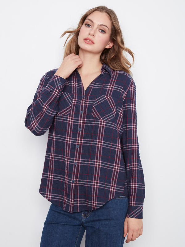 Soft Plaid Button-Front Blouse - Midnight