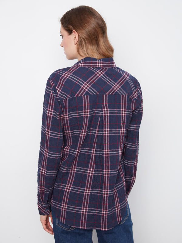 Soft Plaid Button-Front Blouse - Midnight