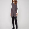Mocha vest featuring mid-thigh length and zip front, complete with a hood for versatile styling by Charlie B.