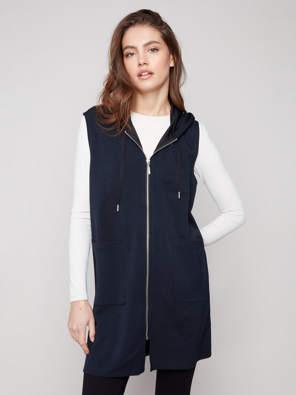 Stylish black vest with a hood and drawstrings, complete with front patch pockets by Charlie B.