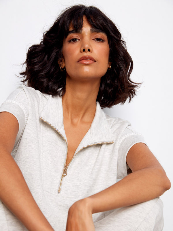 Soft Scuba Short Sleeve Half-Zip Top - Heather Light Grey