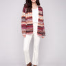 Space Dye Jacquard Cardigan features drop shoulders and a geometric pattern in jewel tones by Charlie B.
