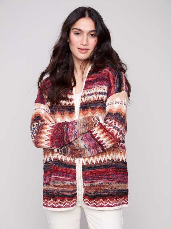 Open front style of the Space Dye Jacquard Cardigan offers ease and elegance in jewel-toned hues by Charlie B.