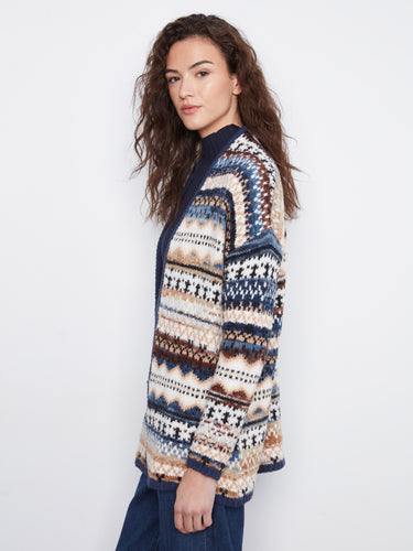 Chic space dye jacquard cardigan with a geometric pattern and practical side seam pockets by Charlie B.