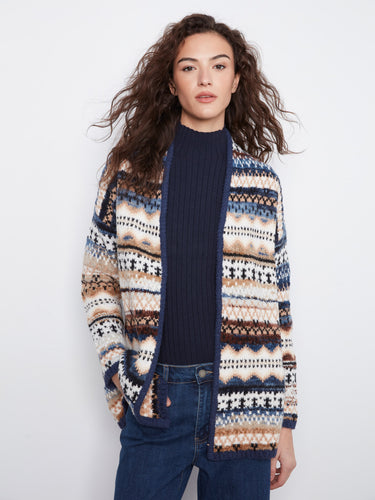 Space dye jacquard cardigan adorned with a striking geometric pattern, complete with comfy long sleeves by Charlie B.