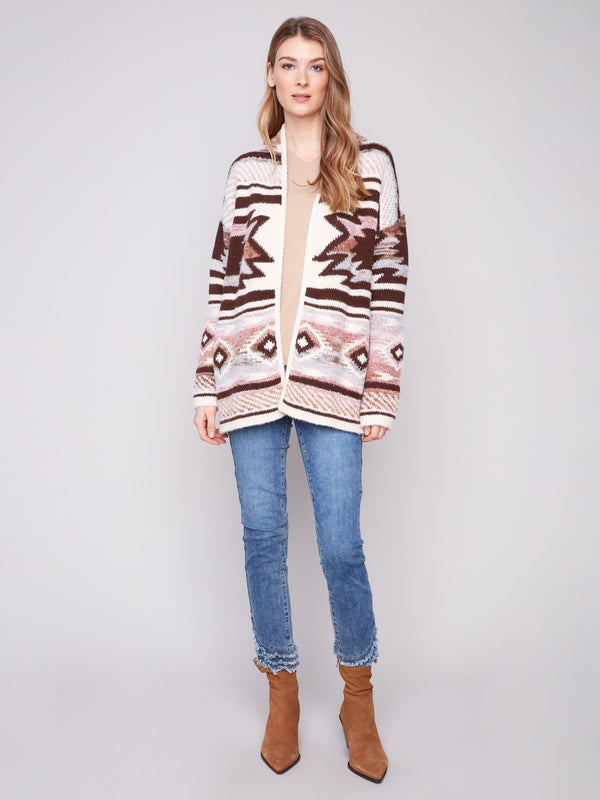 Chic geometric patterned cardigan in rosewood with practical side seams pockets for added functionality by Charlie B.