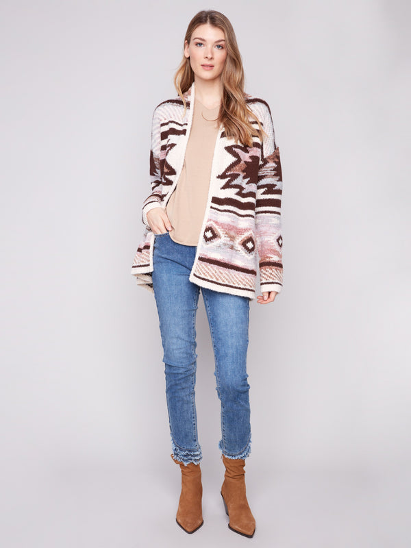 Space Dye Jacquard Cardigan in rosewood tones, complete with handy side seams pockets by Charlie B.