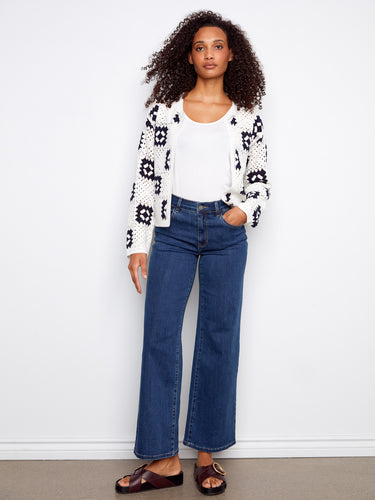 Elegant open-front cardigan featuring intricate square crochet design for a chic look by Charlie B.