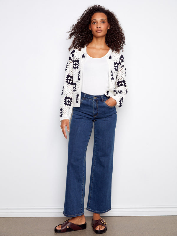 Elegant open-front cardigan featuring intricate square crochet design for a chic look by Charlie B.