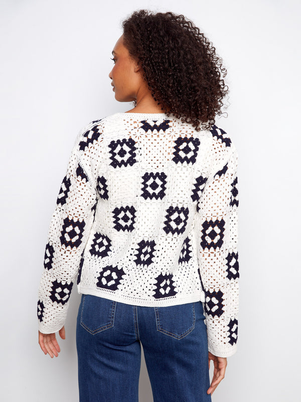 Chic square crochet design in a versatile open-front style, enhancing any outfit by Charlie B.