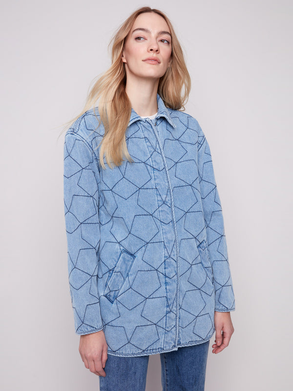 Featuring snap button front closure, this light blue quilted denim jacket offers a stylish look by Charlie B.