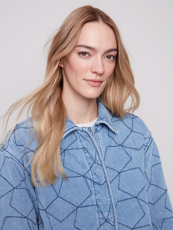 Adjustable snap button cuffs enhance the fit of this chic star quilted denim jacket by Charlie B.