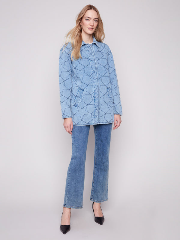 Star quilted pattern on this light blue denim piece adds a modern touch to your wardrobe by Charlie B.