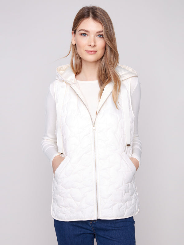 Ecru vest with quilted stars, featuring a hood with drawstrings and practical welt pockets for added style by Charlie B.