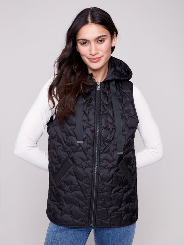 Chic black vest showcasing quilted stars and convenient welt pockets, complete with a hood by Charlie B.