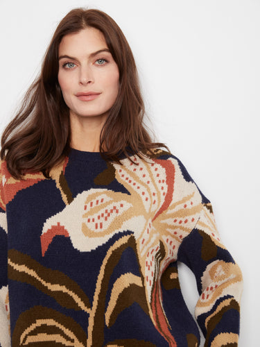 Stylish crew neck sweater in navy with intricate jacquard knit floral pattern, adding texture and style by Charlie B.