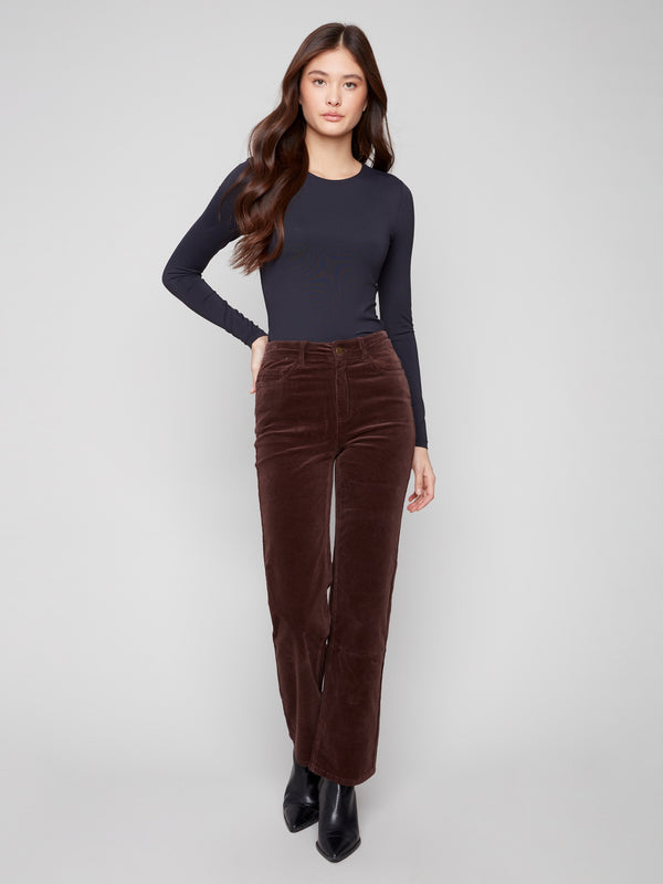Mocha corduroy pants featuring a straight fit and long length, perfect for versatile styling by Charlie B.