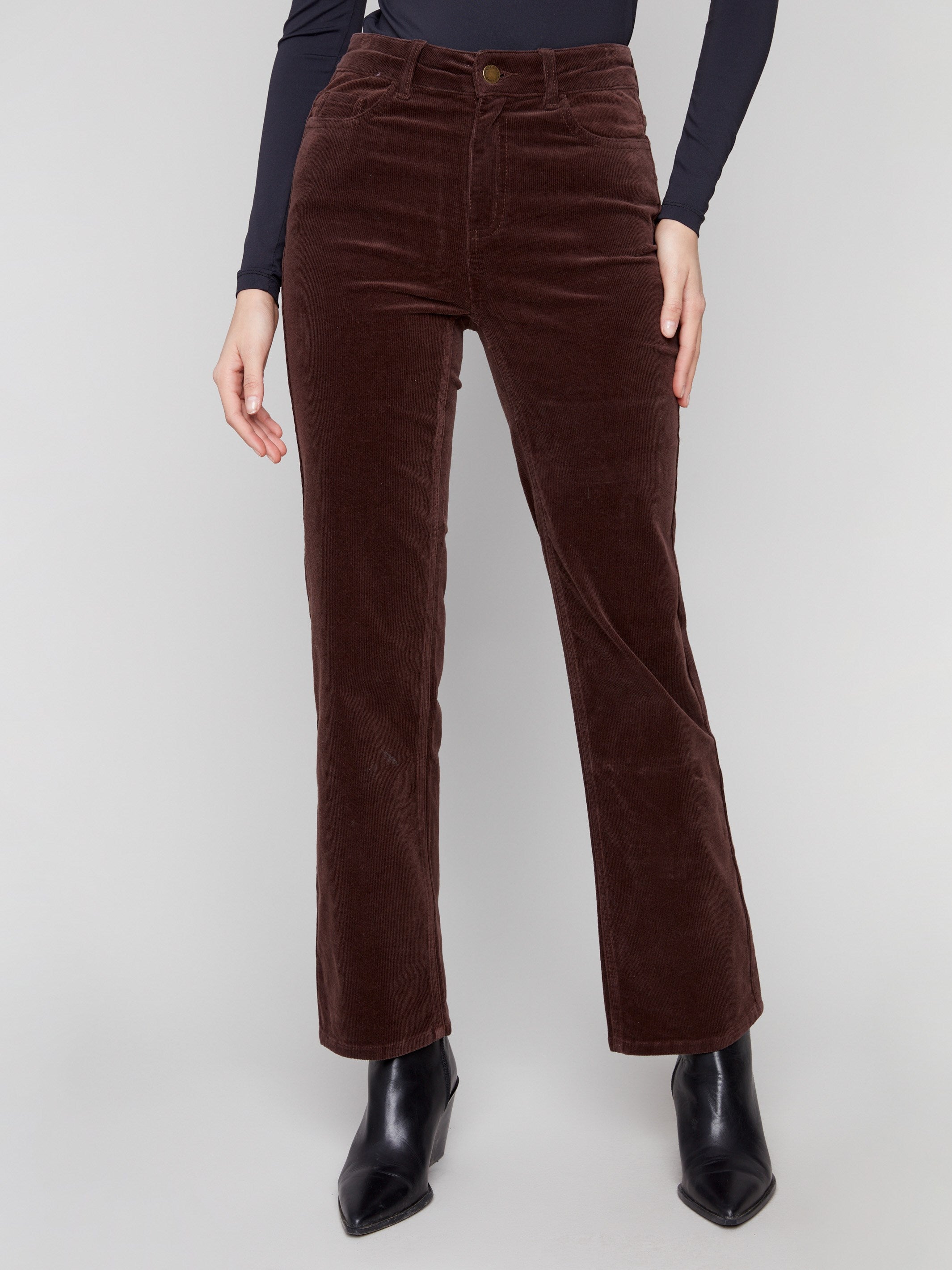 These pants boast a five-pocket design, adding functionality to the mocha corduroy style by Charlie B.