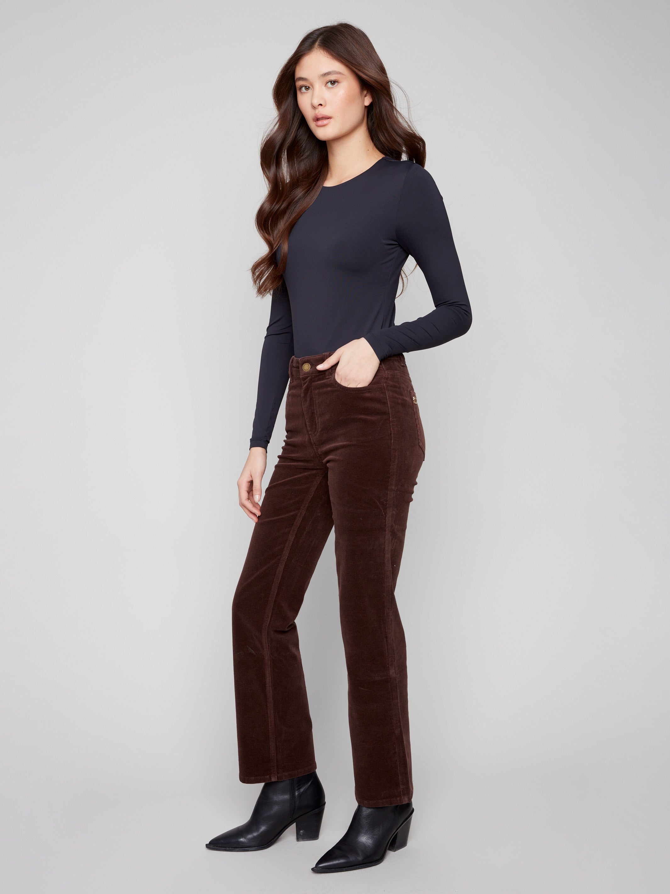Crafted from stretch corduroy material, these mocha pants offer both comfort and style by Charlie B.