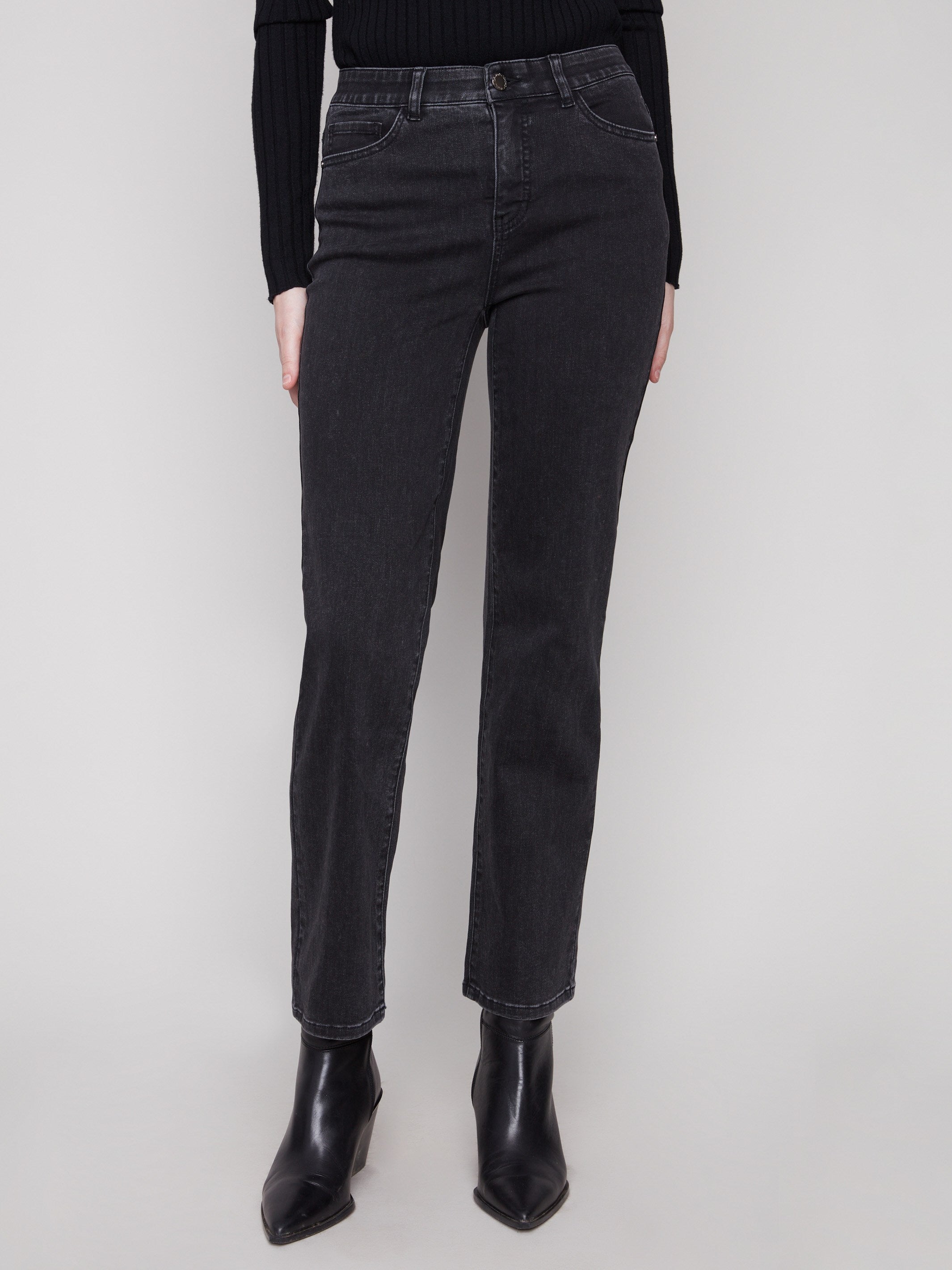 These charcoal jeans offer a long length and an elastic inside waistband for a perfect fit by Charlie B.
