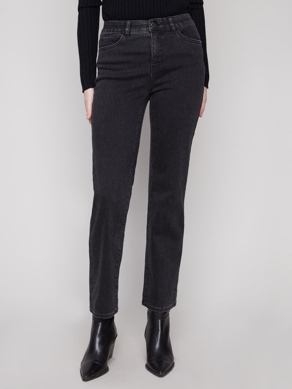 These charcoal jeans offer a long length and an elastic inside waistband for a perfect fit by Charlie B.