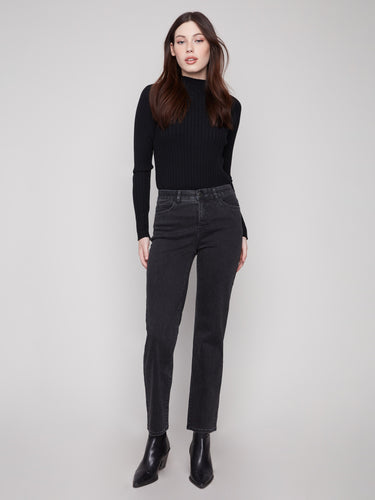 Designed with an elastic inside waistband, these charcoal jeans provide ease of movement by Charlie B.