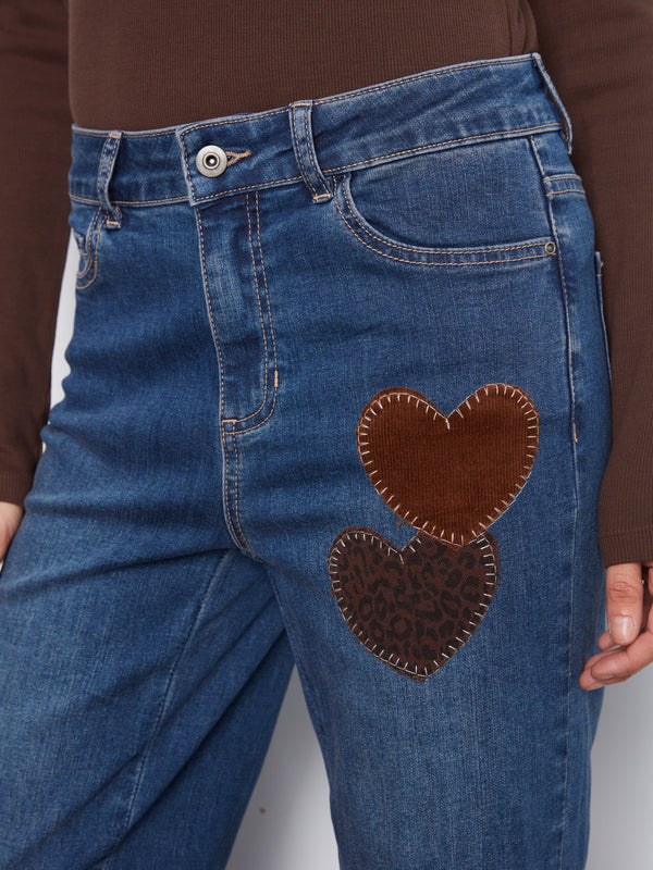 Straight Leg Jeans With Corduroy Heart Patches - Washed Indigo
