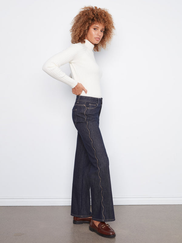 Straight Leg Jeans With Scalloped Side Seams - Deep Blue