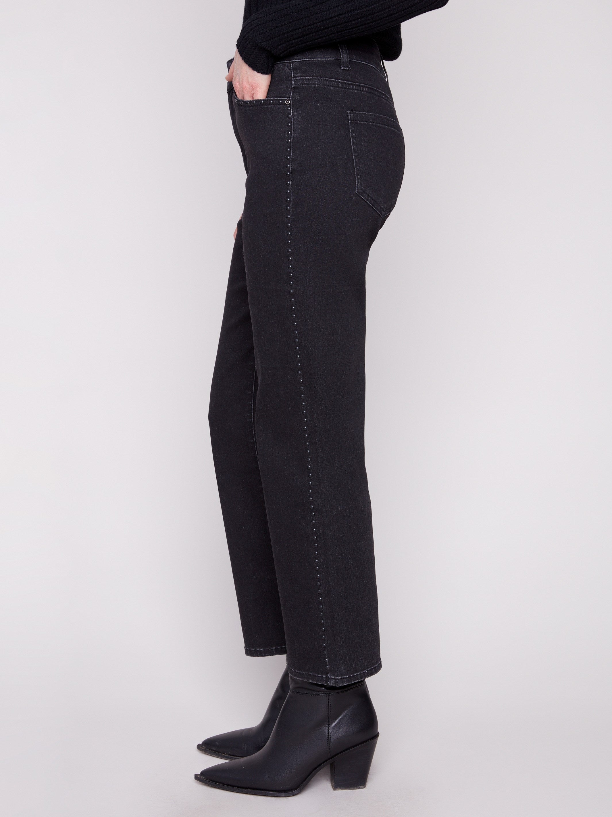Chic charcoal jeans with stylish studs on pockets and sides, offering a trendy touch by Charlie B.