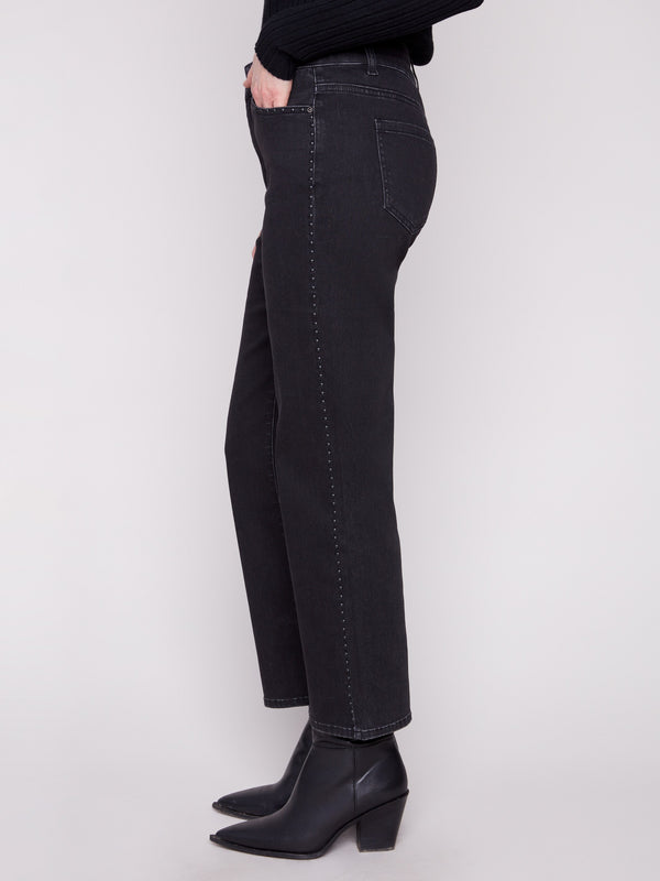 Chic charcoal jeans with stylish studs on pockets and sides, offering a trendy touch by Charlie B.