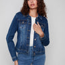 Classic indigo denim jacket with button-flap front patch pockets for added style by Charlie B.