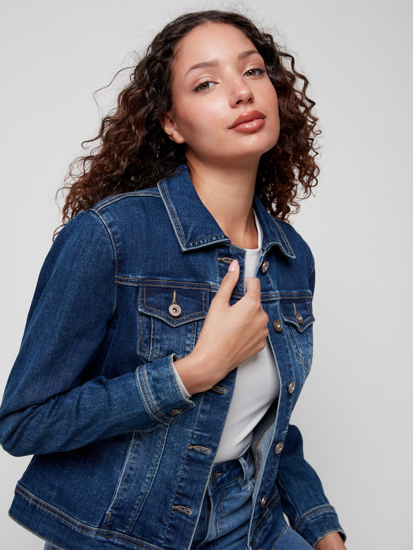 Experience comfort with this indigo denim jacket crafted from stretchy fabric by Charlie B.