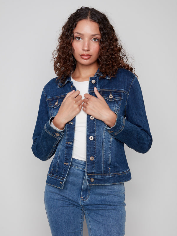 Stylish indigo denim jacket with versatile design elements, including flap pockets by Charlie B.