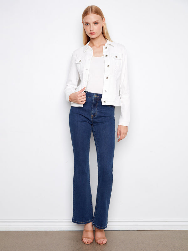 Long-sleeve stretch denim jacket featuring button-flap patch pockets, ideal for casual outings by Charlie B.