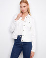 White denim jacket with a classic shirt collar and button front, perfect for layering by Charlie B.